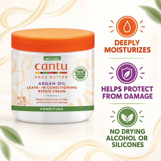 Cantu leave-in repair cream jar with orange lid; label highlights deep moisture and protection.