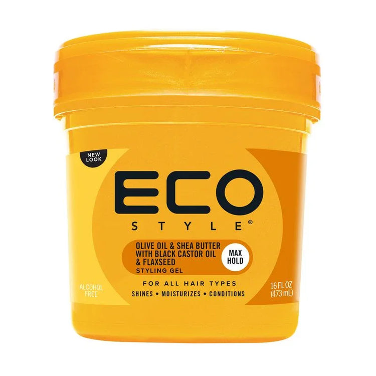 Eco Styler hair gel with olive oil and shea butter in a 16 oz jar, designed for all hair types, offers max hold.