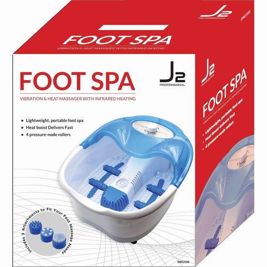 Boxed J2 Foot Spa with blue basin, vibration heat massage, and 4 pressure-roller nodes
