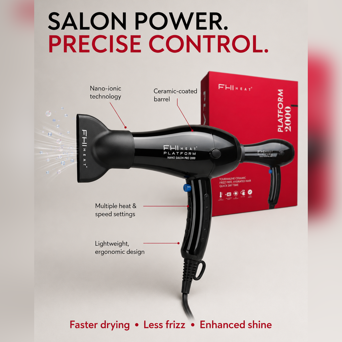 Black FHI Heat hair dryer shown with labeled features and red Platform 2000 box