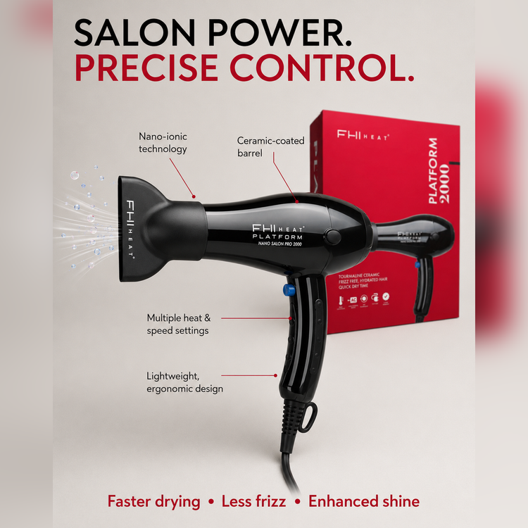 Black FHI Heat hair dryer shown with labeled features and red Platform 2000 box