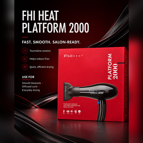 FHI Heat Platform 2000 hair dryer with red packaging and black nozzle
