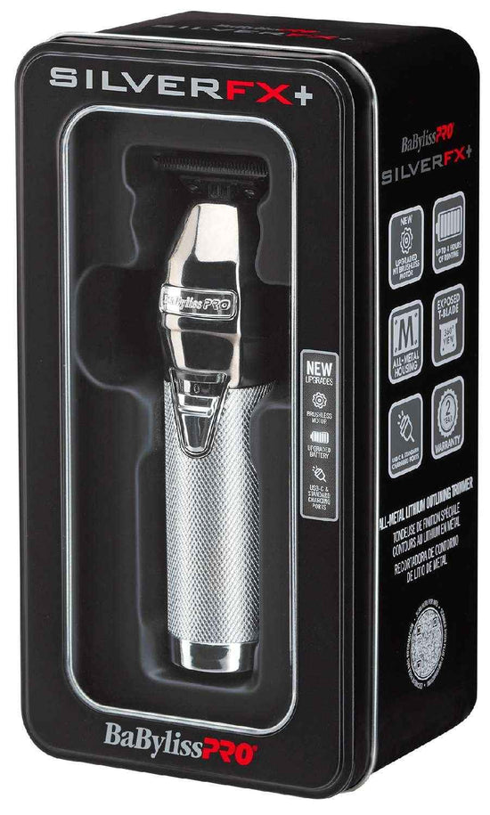 Silver metal outlining trimmer in retail packaging, Babylisspro SilverFX+.