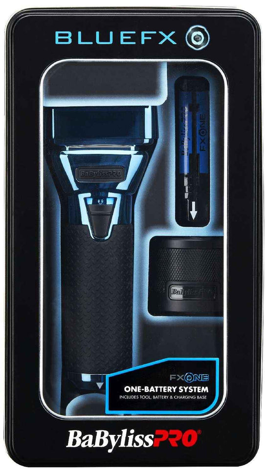 All-metal foil shaver box with BlueFX branding and interchangeable battery pack