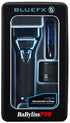 All-metal foil shaver box with BlueFX branding and interchangeable battery pack