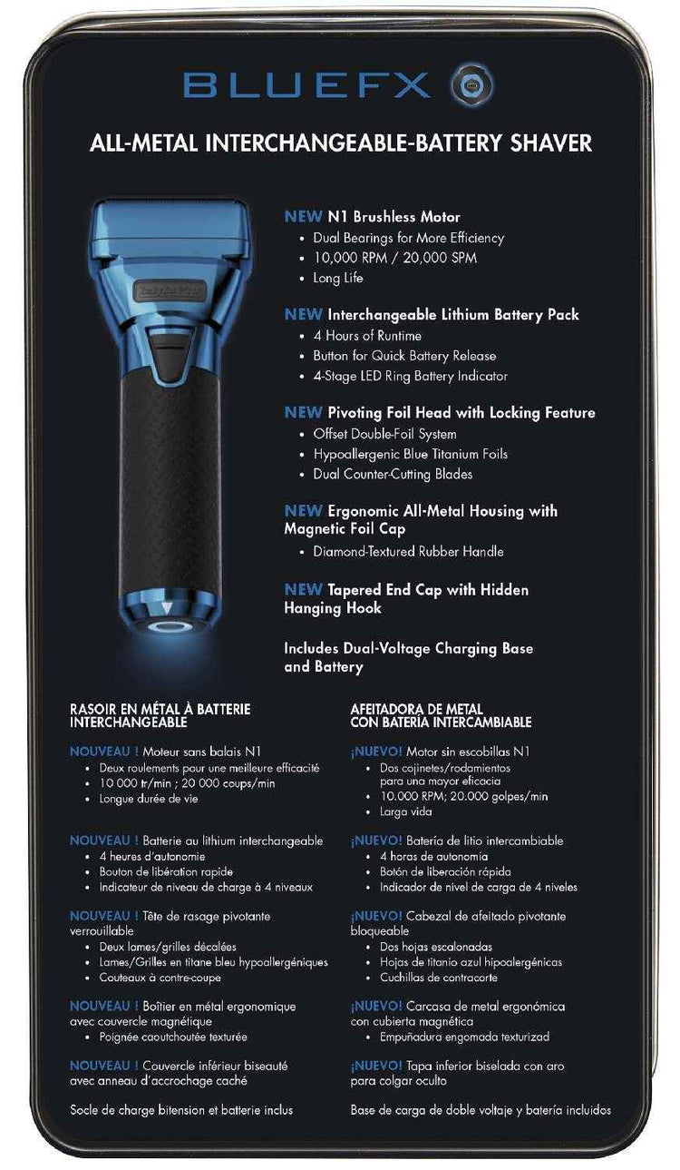 All-metal interchangeable battery foil shaver packaging, features text and shaver shown