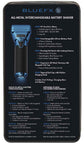 All-metal interchangeable battery foil shaver packaging, features text and shaver shown