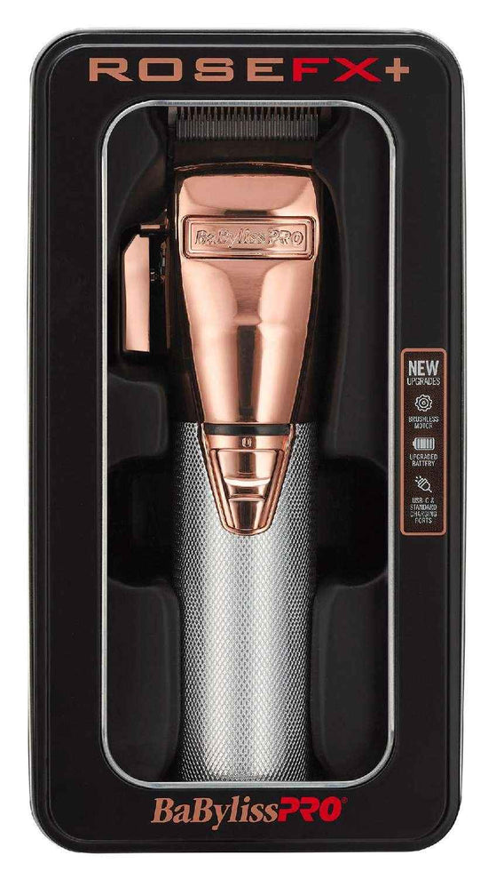 RoseFx+ all-metal lithium clipper with rose-gold head and black accents, retail packaging