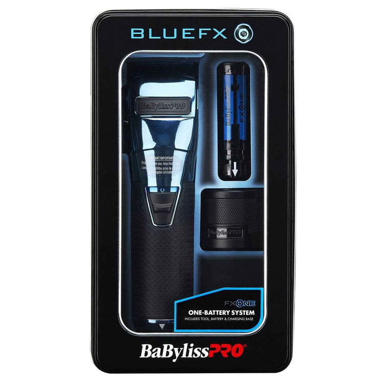 Babylisspro BlueFx One all-metal clipper set with interchangeable battery, shown in retail box