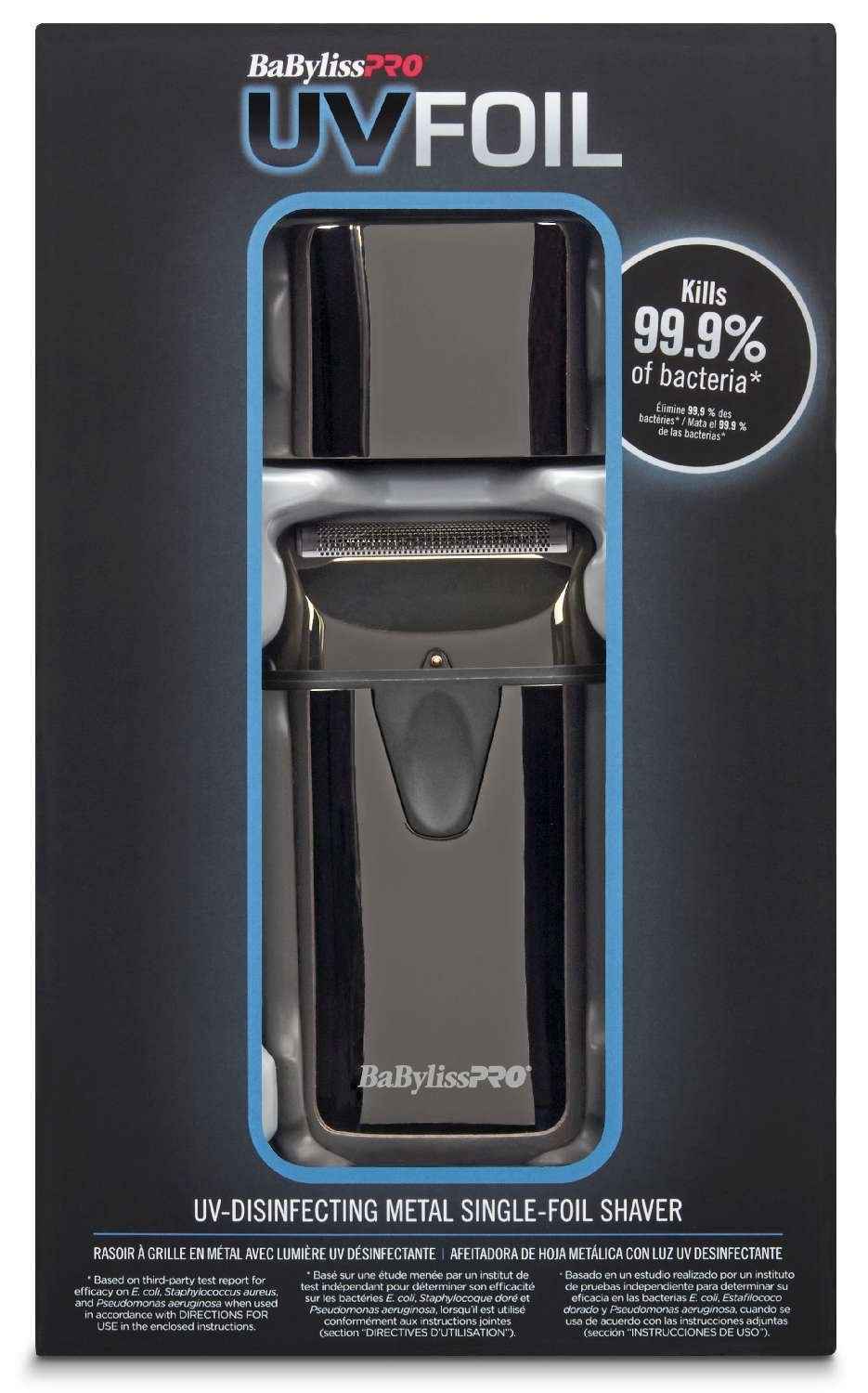 Babylisspro UVFoil disinfecting single foil metal shaver in retail box, front view