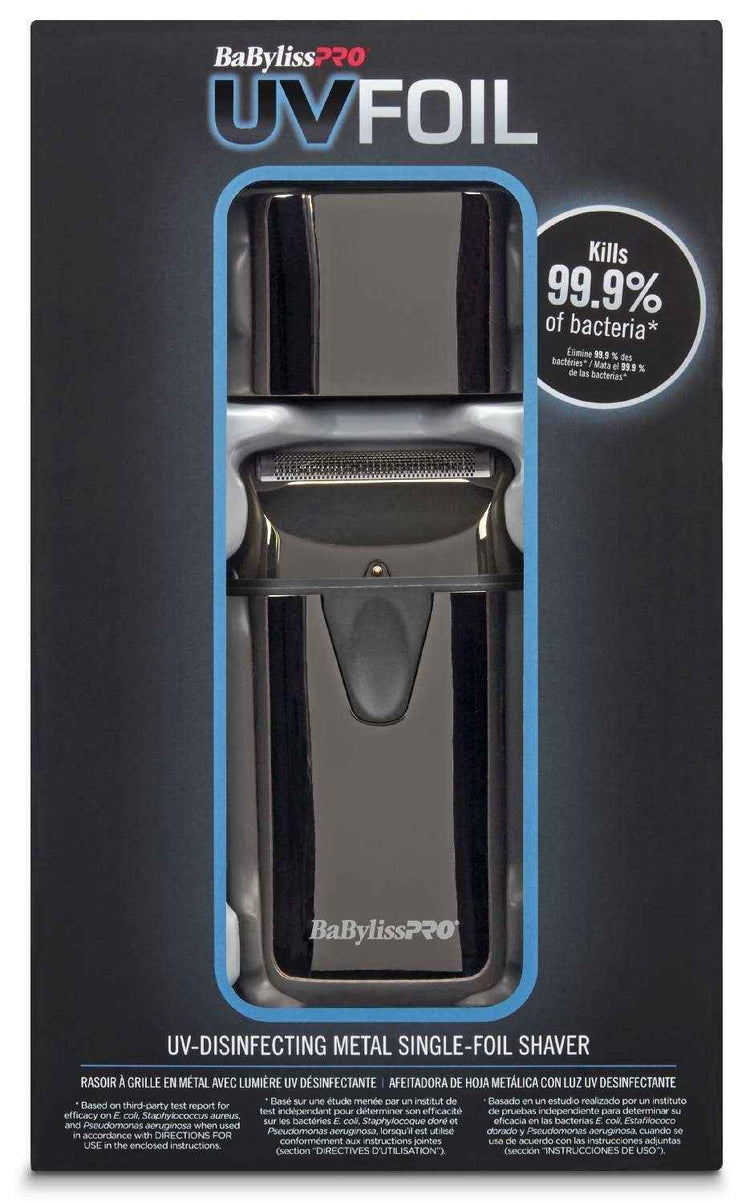 Babylisspro UVFoil disinfecting single foil metal shaver in retail box, front view