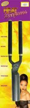 HEAT EXXPRESS curling iron with black barrel and gold accents, on stand.