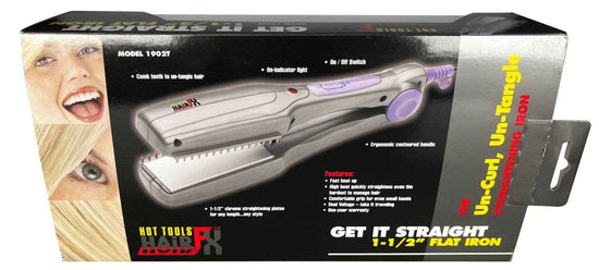 HOT TOOLS HAIRFX 1-1/2 in flat iron retail box, side view and feature diagram