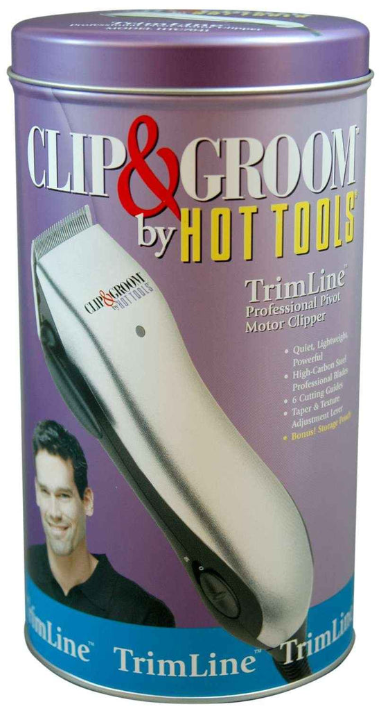 HOT TOOLS Clip& Groom TrimLine motor clipper tin package, purple with branding text