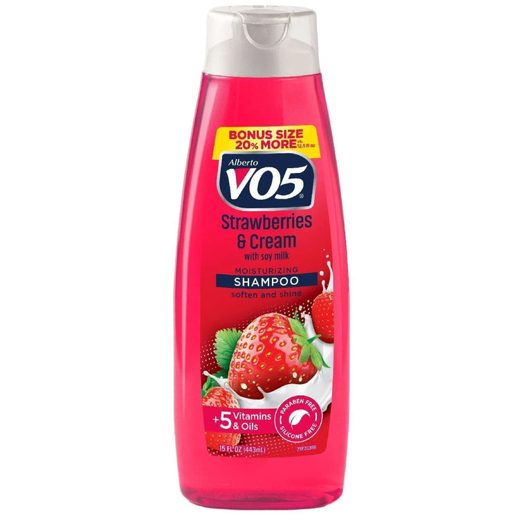 Alberto VO5 moisturizing shampoo Strawberries & Cream 15 fl oz bottle for soft and shiny hair.