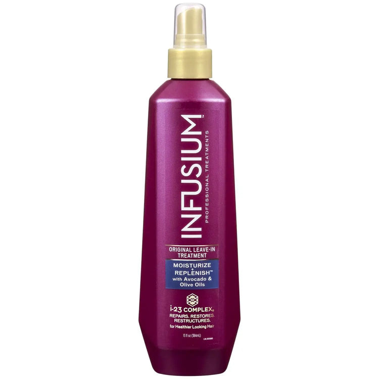 Infusium 23 leave-in treatment bottle, purple with pump sprayer and front label