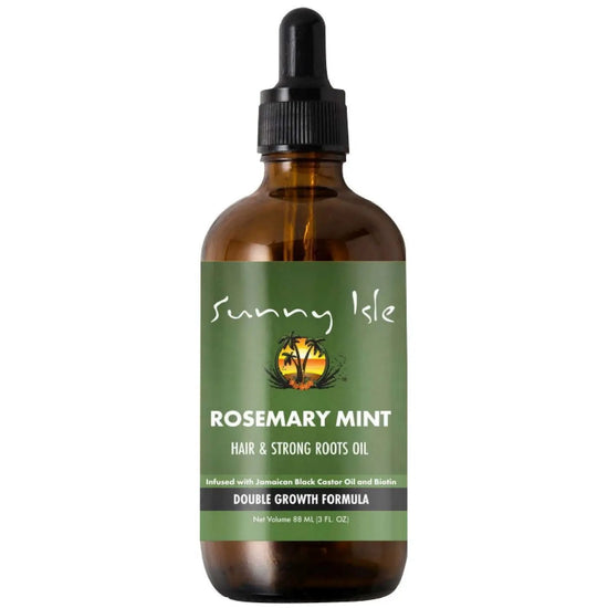 Sunny Isle rosemary mint hair oil bottle with black dropper, amber glass (3 oz)