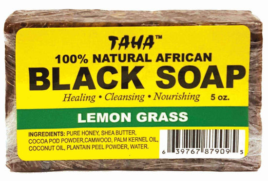 Dark brown bar soap with yellow Lemon Grass label, 5 oz.
