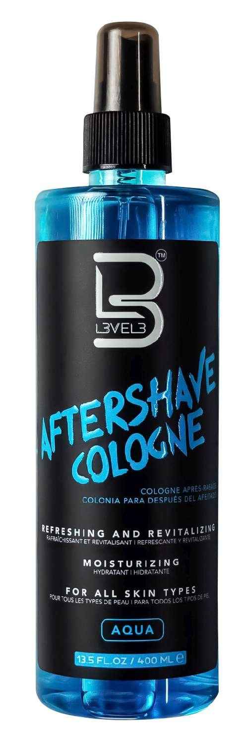 Aftershave cologne bottle with aqua blue liquid and black spray pump cap