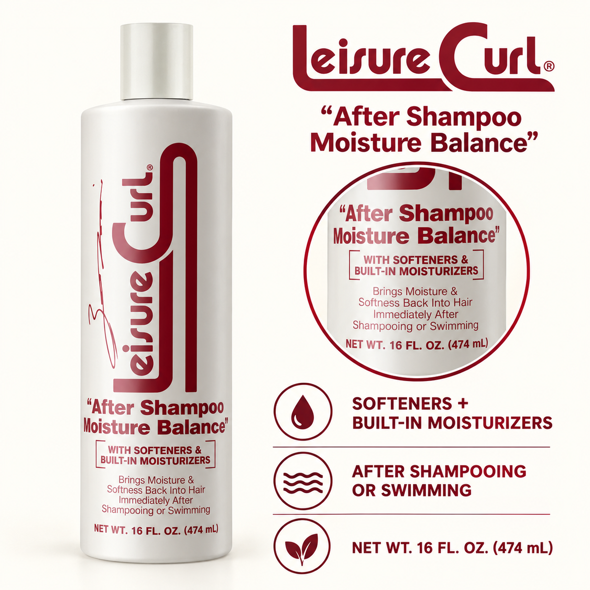 White Leisure Curl after-shampoo treatment bottle, moisture balance label, 16 fl oz