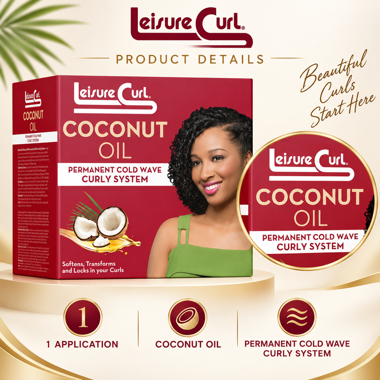 Leisure Curl coconut oil permanent cold wave curly system kit with product steps graphic