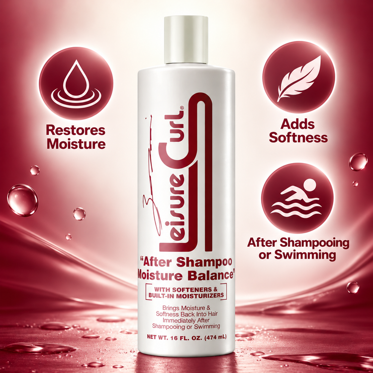 White Leisure Curl bottle with red moisture-restoring and softness icons