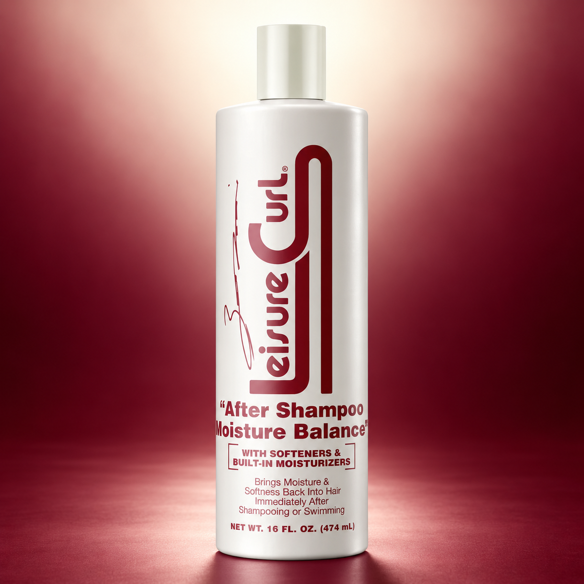 Tall white Leisure Curl bottle with red After Shampoo moisture balance text