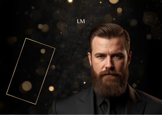Man with a beard and suit against a dark background with promotional text.