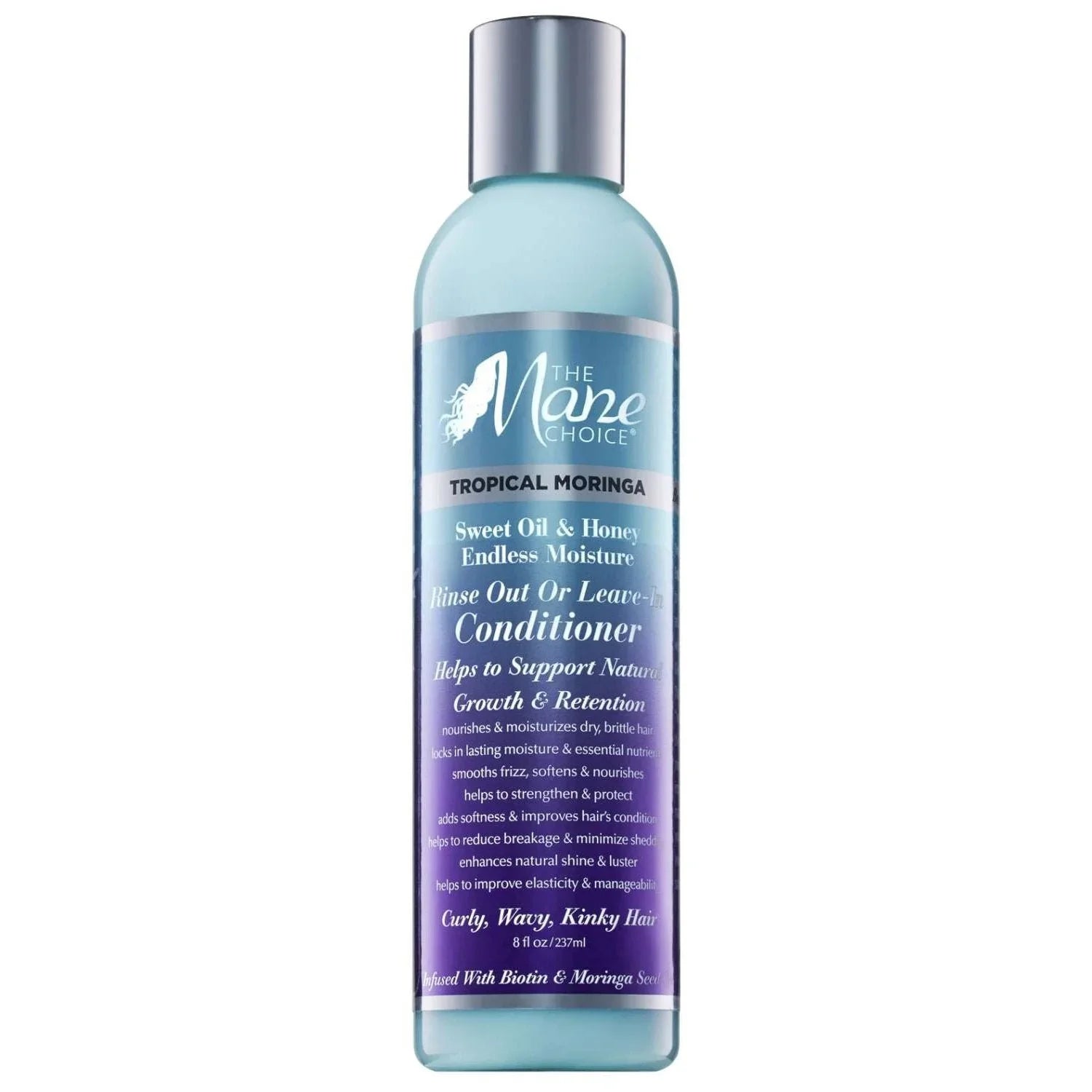 The Mane Choice Tropical Moringa leave-in conditioner bottle for moisturizing and enhancing natural curls.