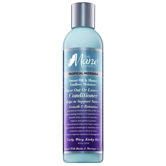 The Mane Choice Tropical Moringa leave-in conditioner bottle for moisturizing and enhancing natural curls.