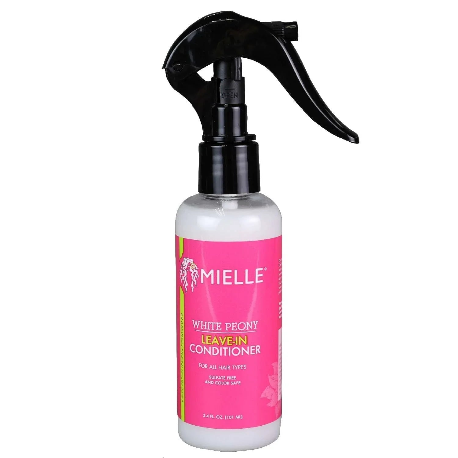 Mielle White Peony Leave-In Conditioner spray bottle with pink label, 3.4 oz.