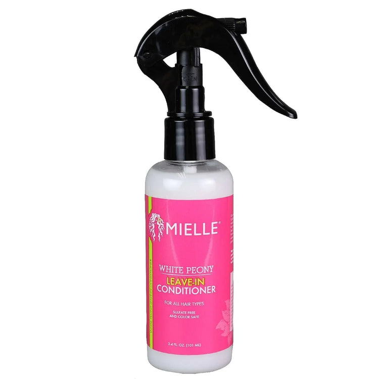 Mielle White Peony Leave-In Conditioner spray bottle with pink label, 3.4 oz.