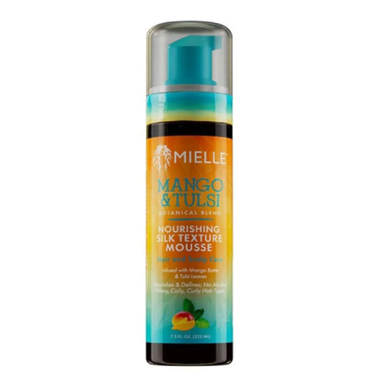 Mielle Mango & Tulsi Nourishing Silk Texture Mousse bottle with teal pump.