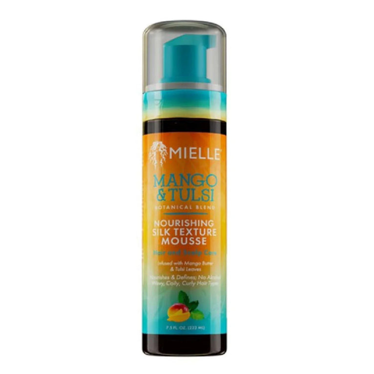 Mielle Mango & Tulsi Nourishing Silk Texture Mousse bottle with teal pump.