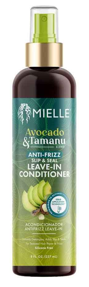 Anti-frizz leave-in conditioner bottle with avocado & tamanu extract, pump sprayer