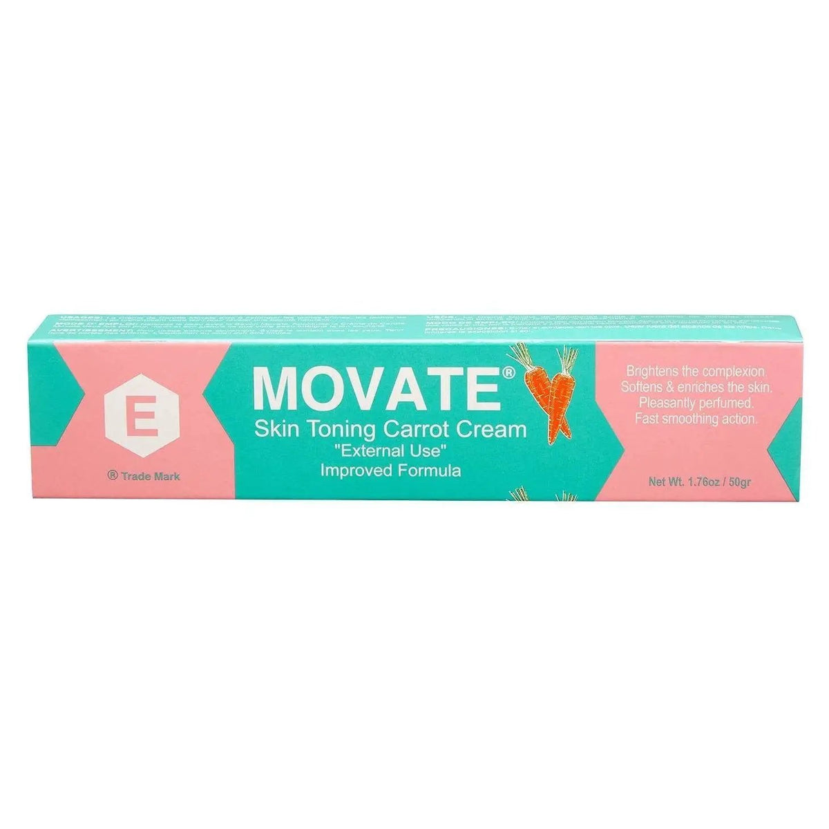 Movate skin toning carrot cream antiseptic in teal box with orange carrot icon