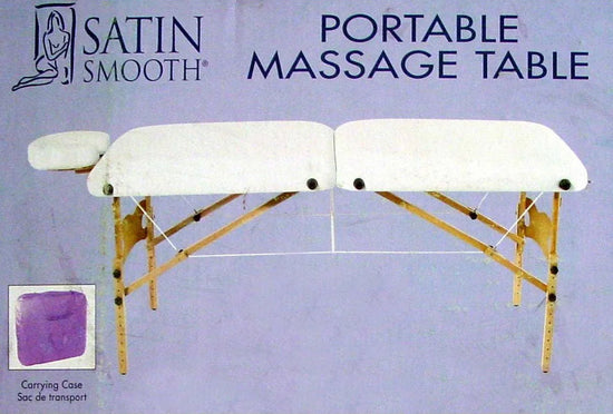 Satin Smooth portable massage table with carrying case on a light blue background