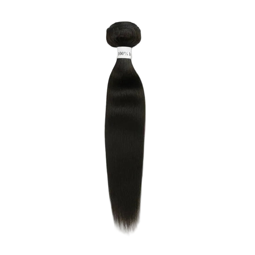Black hair extension with a white label on a white background