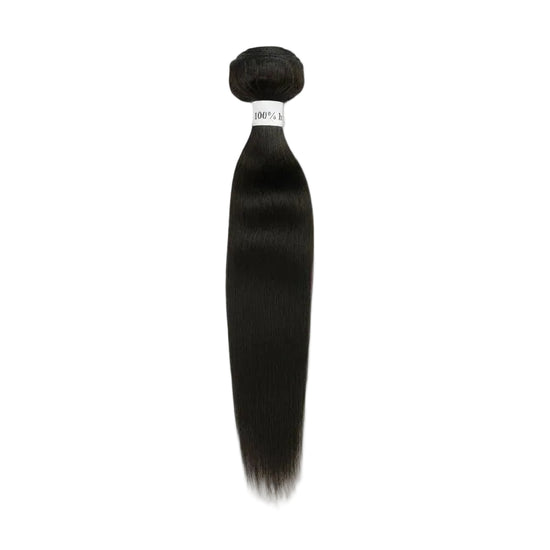 Black hair extension with a white label on a white background