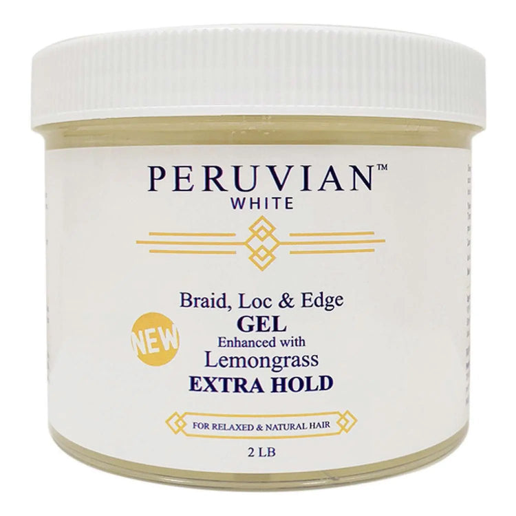 Peruvian White braid, loc & edge gel jar front label: extra hold with lemongrass