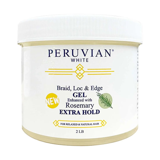Peruvian White Braid Loc Edge Gel Enhanced With Rosemary Extra Hold 32 Oz container for styled hair.