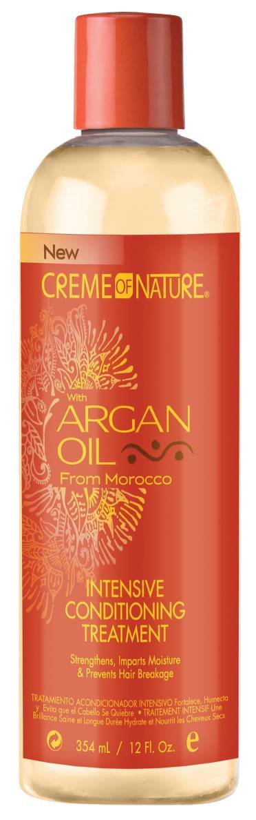 Argan oil conditioning treatment bottle with orange label and amber bottle