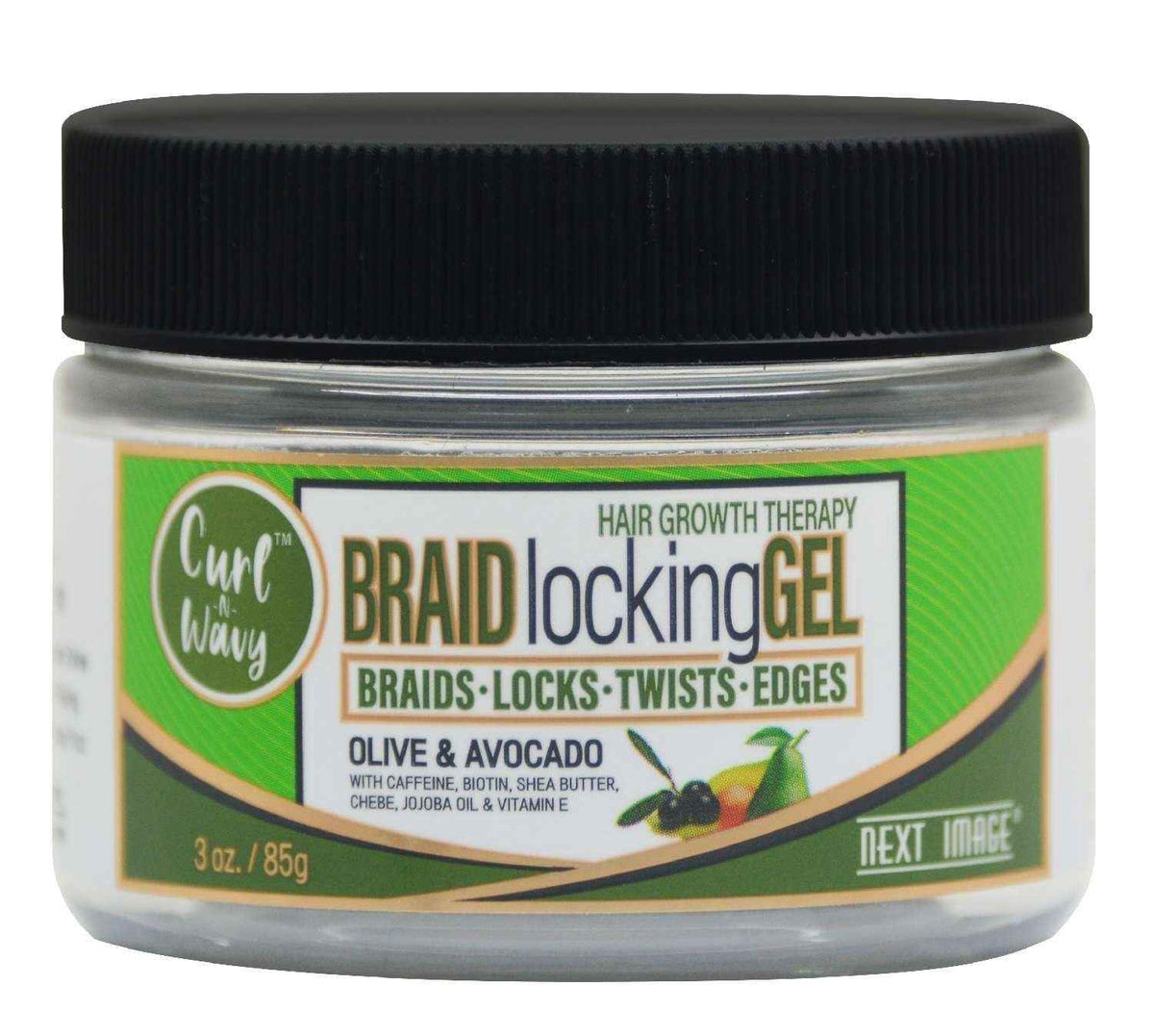 Hair braid locking gel in clear jar with black ribbed cap, Olive & Avocado scent