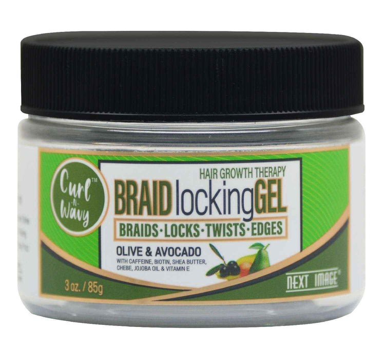 Hair braid locking gel in clear jar with black ribbed cap, Olive & Avocado scent