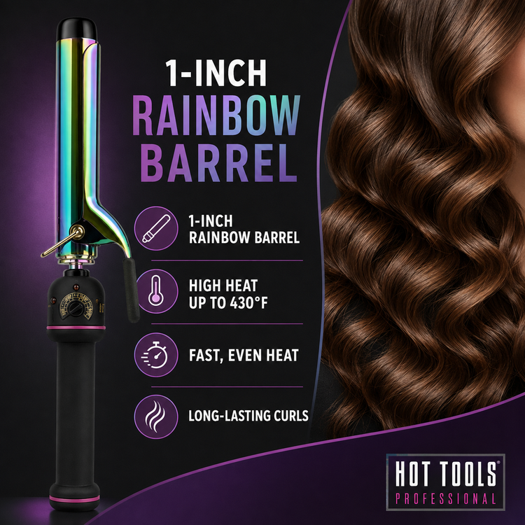 Boxed 1-inch rainbow barrel curling iron with black handle and iridescent gold barrel