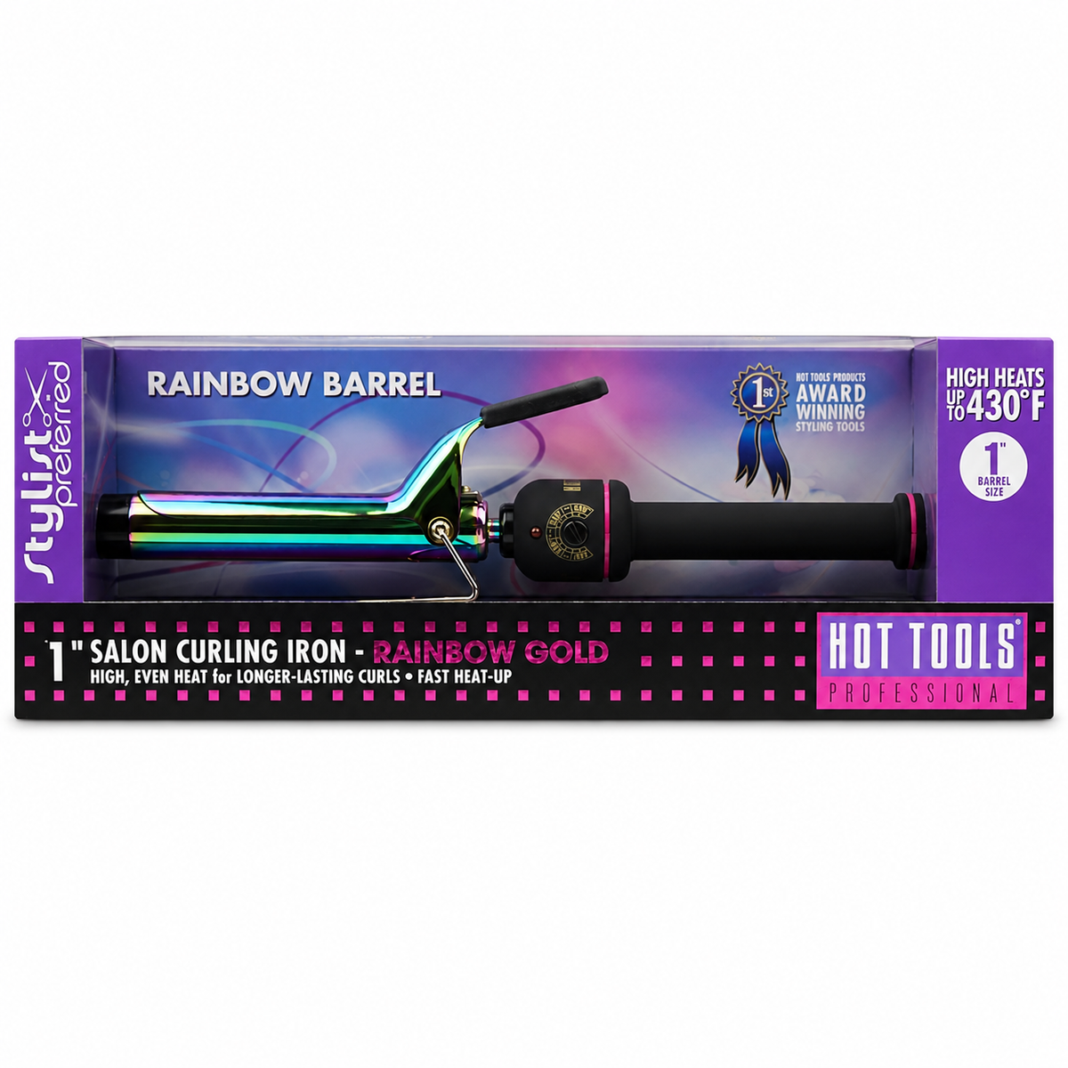 Retail package for rainbow gold 1-inch curling iron with iridescent barrel