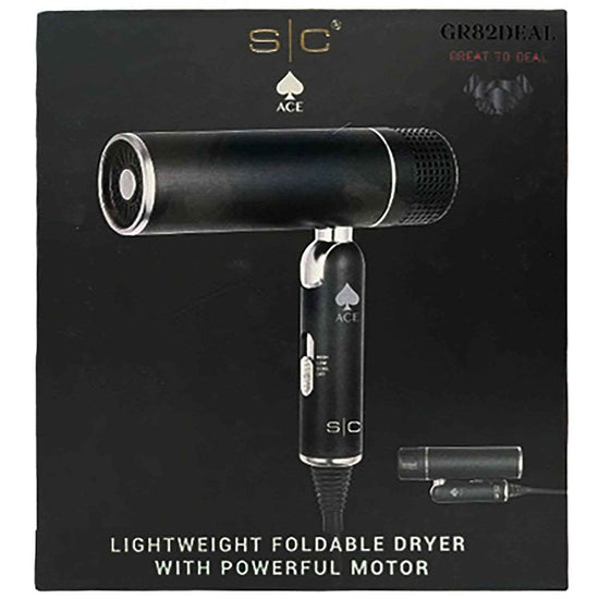 Lightweight foldable hair dryer with nozzle and power motor, black handheld design