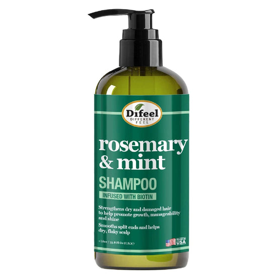 Difeel rosemary & mint shampoo pump bottle, infused with biotin, green label