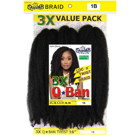 Queen B 3X Q Ban Twist Hair 16 Inch Color 1B Value Pack