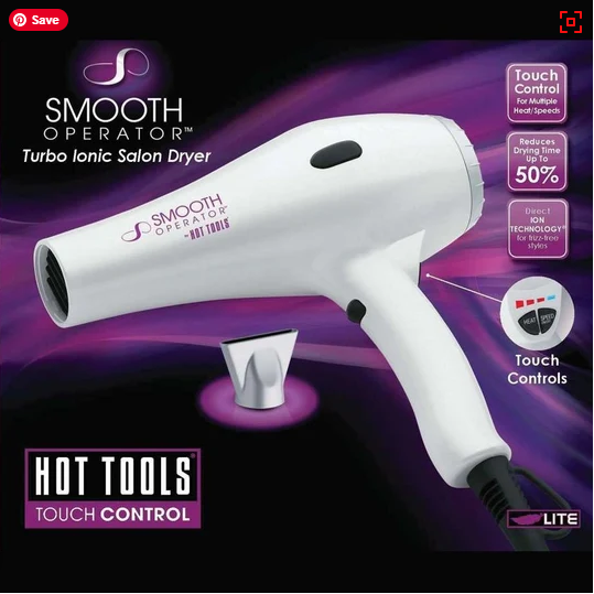 White hair dryer with black speed/heat controls and nozzle